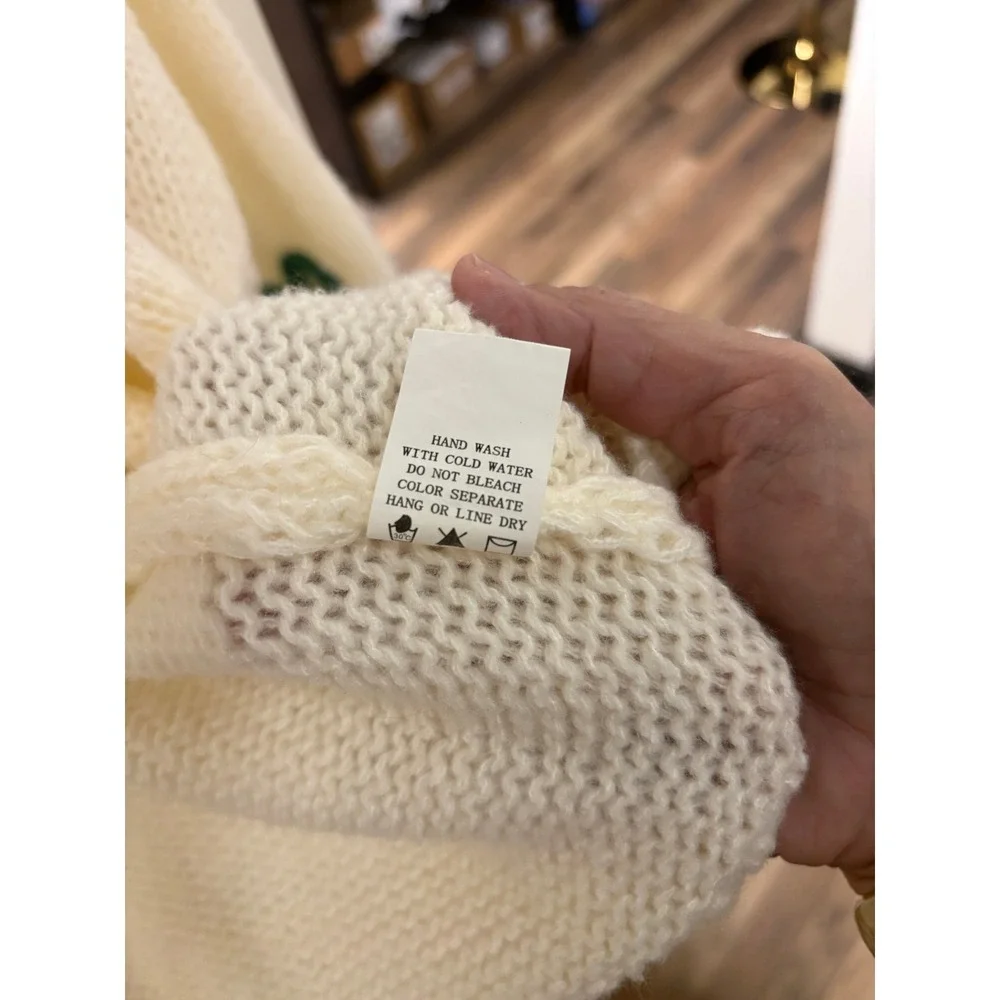 Luna Ivy Cream Cherry‎ Pom Pom Open Front Chunky Knit Cardigan Sweater Womens M